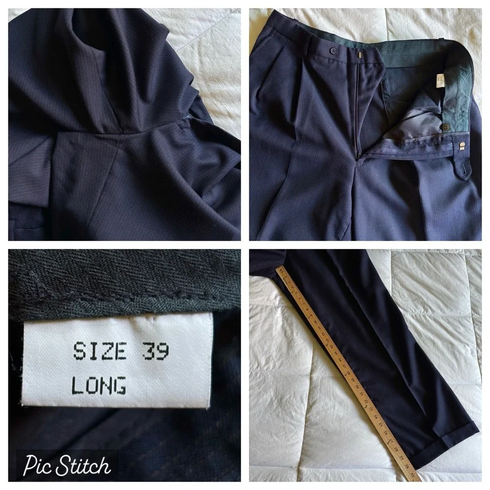 Vtg Pavone Italy Super 100 Suit Men's 44L 33x31 Pleated Navy Blue Pinstripe Boss